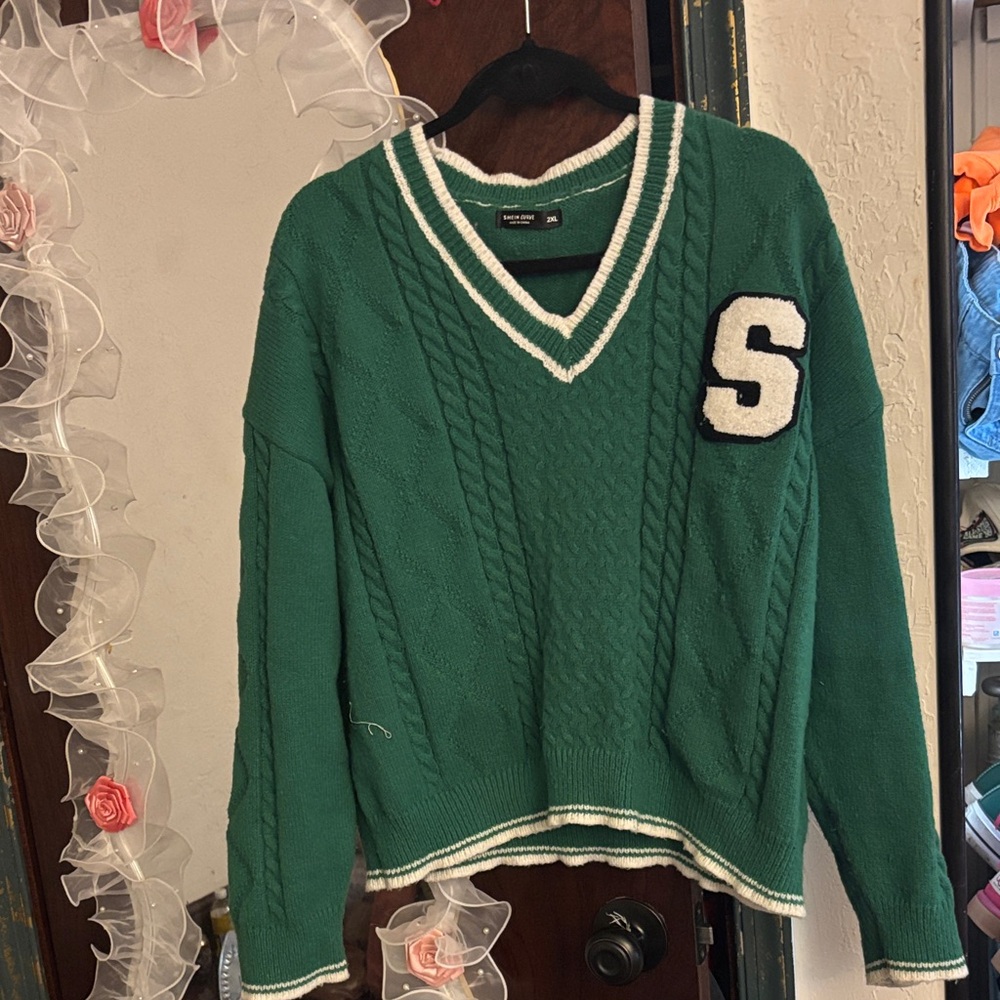 Green V-Neck Sweater with Letter Patch
